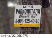 "Купим радиодетали" - объявление, висящее на дереве (2016 год). Редакционное фото, фотограф Александр Замараев / Фотобанк Лори