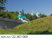 Псково-Печорский Свято-Успенский мужской монастырь. Вид на стены, Никольскую и Петровскую надвратные башни, купола церкви Сорока мучеников севастийских (2015 год). Стоковое фото, фотограф Горшков Игорь / Фотобанк Лори