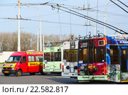 Троллейбусы и маршрутные такси на конечной остановке "Микрорайон Клёнковский", Гомель, Беларусь (2016 год). Редакционное фото, фотограф Ольга Коцюба / Фотобанк Лори