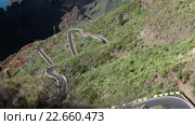Дорога из Сантьяго дель Тейде (Santiago del Teide) в деревню Маска (Masca). Вид сверху. Тенерифе, Канарские острова, Испания (2016 год). Стоковое видео, видеограф Кекяляйнен Андрей / Фотобанк Лори