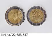 Потёртые 2 евро памятной монеты (орёл и аверс), посвящённой председательству Франции в ЕС», Франция 2008 г (2016 год). Стоковое фото, фотограф Вера Смолянинова / Фотобанк Лори
