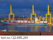 Санкт-Петербург. Морской порт. Дамба Гребёнка. Погрузка контейнеров на судно (2016 год). Редакционное фото, фотограф Александр Тарасенков / Фотобанк Лори