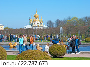 Люди фотографируются возле фонтана "Межеумный". Петергоф (Петродворец). Санкт-Петербург (2016 год). Редакционное фото, фотограф Румянцева Наталия / Фотобанк Лори