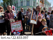 Плакат с надписью "Спасибо прадеду за Победу" во время акции-шествия "Бессмертный полк" на центральной улице города Керчи в День Победы 9 мая, Республика Крым (2016 год). Редакционное фото, фотограф Николай Винокуров / Фотобанк Лори