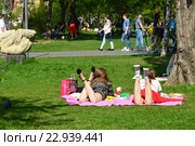 Отдыхающие в теплый весенний день в Парке Искусств Музеон в Москве (2016 год). Редакционное фото, фотограф lana1501 / Фотобанк Лори