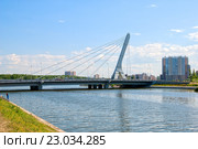 Автомобильный мост в створе проспекта Героев и вантовый мост для тепломагистрали через Дудергофский канал. Санкт-Петербург (2016 год). Редакционное фото, фотограф Румянцева Наталия / Фотобанк Лори