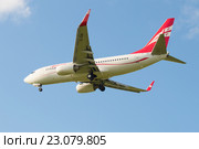 Самолет Boeing 737-700 (4L-TGM) компании Georgian Airways  перед посадкой в аэропорту Пулково (2015 год). Редакционное фото, фотограф Виктор Карасев / Фотобанк Лори