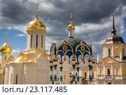 Вид на купол собора Троицы Живоначальной и Надкладезную часовню в Троице-Сергиевой Лавре в городе Сергиевом Посаде, Золотое кольцо, Россия (2016 год). Стоковое фото, фотограф Николай Винокуров / Фотобанк Лори