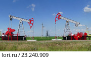 Работающие нефтяные станки-качалки в солнечный день. Стоковое видео, видеограф Михаил Коханчиков / Фотобанк Лори
