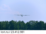 Спортивный планер Let L-13 Blanik (бортовой номер RA-0397A) заходит на посадку над деревьями на аэродром авиаклуба Шевлино (2016 год). Редакционное фото, фотограф Александр Замараев / Фотобанк Лори
