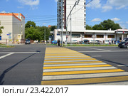 Бело-желтый пешеходный переход на улице Менжинского в Бабушкинском районе Москвы (2016 год). Редакционное фото, фотограф lana1501 / Фотобанк Лори
