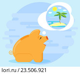 Счастливая свинья копилка мечтает об отдыхе на море. Инвестиции и денежные потоки позволяют мечтать об отдыхе, отпуске. Плоский стиль. Стоковая иллюстрация, иллюстратор Dmitry Domashenko / Фотобанк Лори
