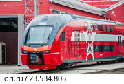 Электропоезд ЭШ2-002 Stadler KISS RUS (АЭРО) «Евразия» в депо имени Ильича (2015 год). Редакционное фото, фотограф Алёшина Оксана / Фотобанк Лори