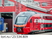 Электропоезд ЭШ2-002 Stadler KISS RUS (АЭРО) «Евразия» в депо имени Ильича (2015 год). Редакционное фото, фотограф Алёшина Оксана / Фотобанк Лори