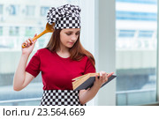 Young housewife referring to recipe book. Стоковое фото, фотограф Elnur / Фотобанк Лори