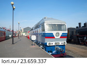 Советский пассажирский тепловоз ТЭП70 в музее железнодорожного транспорта Октябрьской железной дороги. Санкт-Петербург (2016 год). Редакционное фото, фотограф Виктор Карасев / Фотобанк Лори