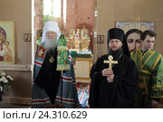 Игумен Николо-Берлюковского монастыря Евмений (Лагутин) произносит речь в Троицком соборе Николо-Берлюковской пустыни (2016 год). Редакционное фото, фотограф Дмитрий Неумоин / Фотобанк Лори