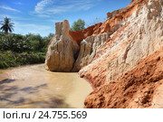 Сказочный поток, Fairy Stream (Suoi Tien). Песок с одной стороны, зеленые кокосовые пальмы на другой. Муйне, Вьетнам (2016 год). Стоковое фото, фотограф Алексей Кузнецов / Фотобанк Лори
