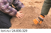 Children playing with sand in outdoor sandbox. Стоковое видео, видеограф worker / Фотобанк Лори