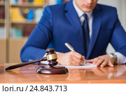 Handsome judge with gavel sitting in courtroom. Стоковое фото, фотограф Elnur / Фотобанк Лори