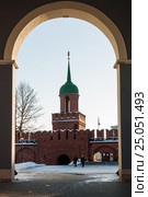 Город Тула. Башня Одоевских ворот, XVI века  Тульского кремля зимой (2017 год). Редакционное фото, фотограф Игорь Низов / Фотобанк Лори