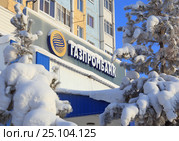 Вывеска "Газпромбанк" на офисе банка в городе Надым, Ямало-Ненецкий автономный округ (2017 год). Редакционное фото, фотограф Григорий Писоцкий / Фотобанк Лори