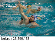 Михаил Иванков (11) в матче Чемпионата России по водному поло Динамо-Москва (белый) - Штурм-2002 (черный) (2016 год). Редакционное фото, фотограф Pukhov K / Фотобанк Лори