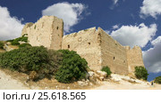 Medieval Castle of Kritinia in Rhodes, Greece, Dodecanese: On a hill of 131m above the village of Kritinia, northern Rhodes, there are the ruins of a Medieval Castle (2017 год). Стоковое видео, видеограф Владимир Журавлев / Фотобанк Лори