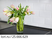 Pink tulips bouquet in glass vase on the kitchen. Стоковое фото, фотограф Дарья Петренко / Фотобанк Лори