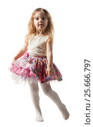 Cute three-year girl jumping with joy isolated on white background. Стоковое фото, фотограф Владимир Мельников / Фотобанк Лори