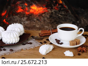 Coffee with spices and marshmallows on a background of a burning fireplace. Стоковое фото, фотограф Феликс Хромых / Фотобанк Лори