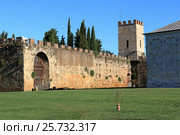 Вид на старую стену с воротами и башню Torre di Santa Maria в Пизе, Италия (2015 год). Стоковое фото, фотограф Александр Степанов / Фотобанк Лори