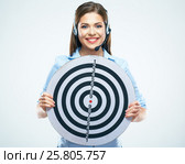 Support operator hold big target. Business woman isolated portr. Стоковое фото, фотограф sheftsoff / Фотобанк Лори