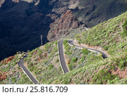 Дорога из Сантьяго дель Тейде (Santiago del Teide) в деревню Маска (Masca). Вид сверху. Тенерифе, Канарские острова, Испания (2016 год). Стоковое фото, фотограф Кекяляйнен Андрей / Фотобанк Лори