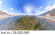 Stereographic wide-angle panorama a man stands in the sea (2016 год). Редакционное фото, фотограф Zakirov Aleksey / Фотобанк Лори