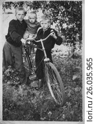 Три брата стоят с велосипедом у дерева. 1956 год. (2017 год). Редакционное фото, фотограф Светлана Попова / Фотобанк Лори