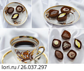 A cup of coffee and chocolate candies in a delicious plate on a white silk background. Riga service. (2016 год). Редакционное фото, фотограф Юлия Дьякова / Фотобанк Лори