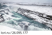 Gullfoss or Golden Waterfall in winter season. Стоковое фото, фотограф EugeneSergeev / Фотобанк Лори