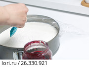 Cheesecake of cottage cheese and strawberries. Cooking process. Adding a gelling layer to the substrate. Стоковое фото, фотограф Vadzim Yakubovich / Фотобанк Лори