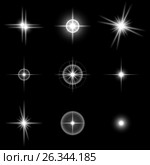 Set of beautiful white stars on black. Стоковая иллюстрация, иллюстратор Анастасия Некрасова / Фотобанк Лори