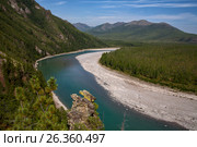 Top view of the beautiful river in the mountains. River Omulevka. Magadan Region. Russia. Магаданская область, река Омулёвка. Стоковое фото, фотограф Сергей Карпухин / Фотобанк Лори