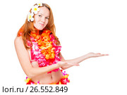 Hawaiian girl in traditional clothes and space on the right over white background. Стоковое фото, фотограф Константин Лабунский / Фотобанк Лори