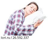 Portrait of a sleeping woman on a pillow on a white background. Стоковое фото, фотограф Константин Лабунский / Фотобанк Лори
