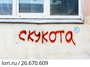 "Скукота" - надпись на стене дома (2017 год). Редакционное фото, фотограф Александр Щепин / Фотобанк Лори
