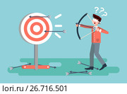 Vector illustration businessman hits target unsuccessful shot from bow regression wrong solution business failure marketing unachievable unlucky idea non-progress loss start-up in flat style. Стоковая иллюстрация, иллюстратор Maryna Bolsunova / Фотобанк Лори