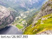 Aerial View of Lysefjord and Lysebotn from the mountain Kjerag, in Forsand municipality. Стоковое фото, фотограф Алексей Ширманов / Фотобанк Лори