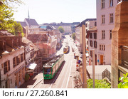 Basel streets with city trams, shops and houses (2017 год). Стоковое фото, фотограф Сергей Новиков / Фотобанк Лори
