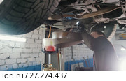 Bottom of car - Worker mechanic checks - automobile service. Стоковое видео, видеограф Константин Шишкин / Фотобанк Лори