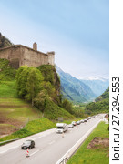 View of Mesocco Castle, the highway and the town of Soazza in the valley of the river Moesa, Switzerland (2013 год). Стоковое фото, фотограф Юлия Бабкина / Фотобанк Лори