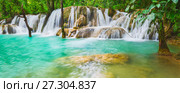 Tat Sae Waterfalls. Beautiful landscape, Laos. Panorama (2017 год). Редакционное фото, фотограф Ольга Хорошунова / Фотобанк Лори